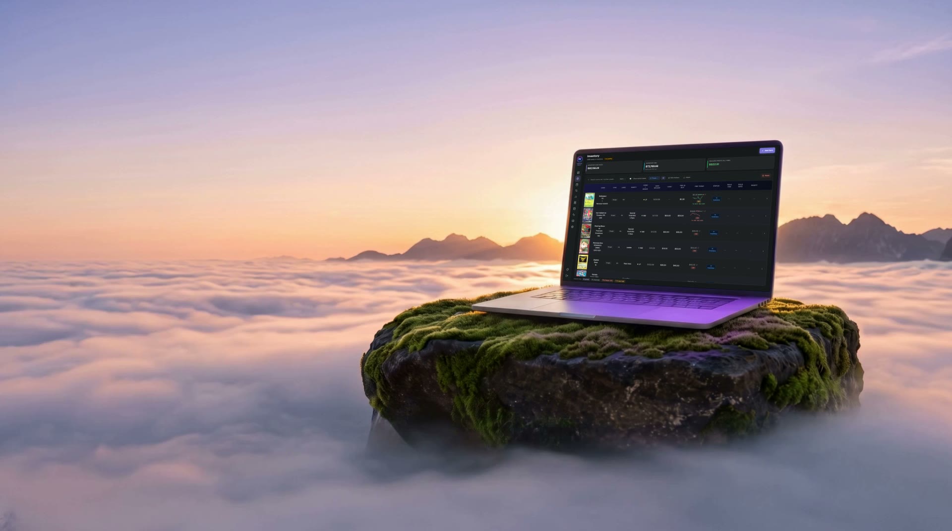 A laptop on a mossy rock above the clouds at sunrise, its screen showing the Vendor Vault inventory.