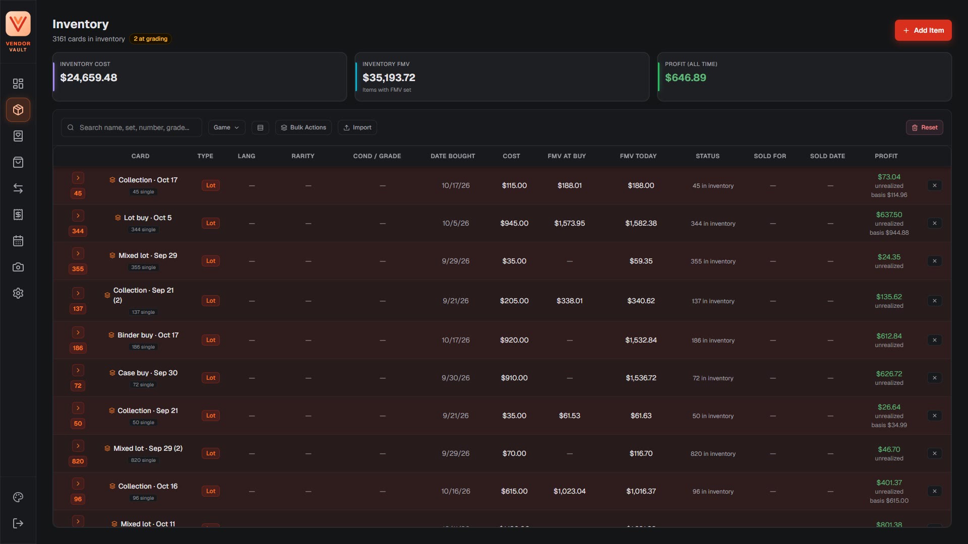 The inventory page: totals for inventory cost, market value and profit above a table of lots.