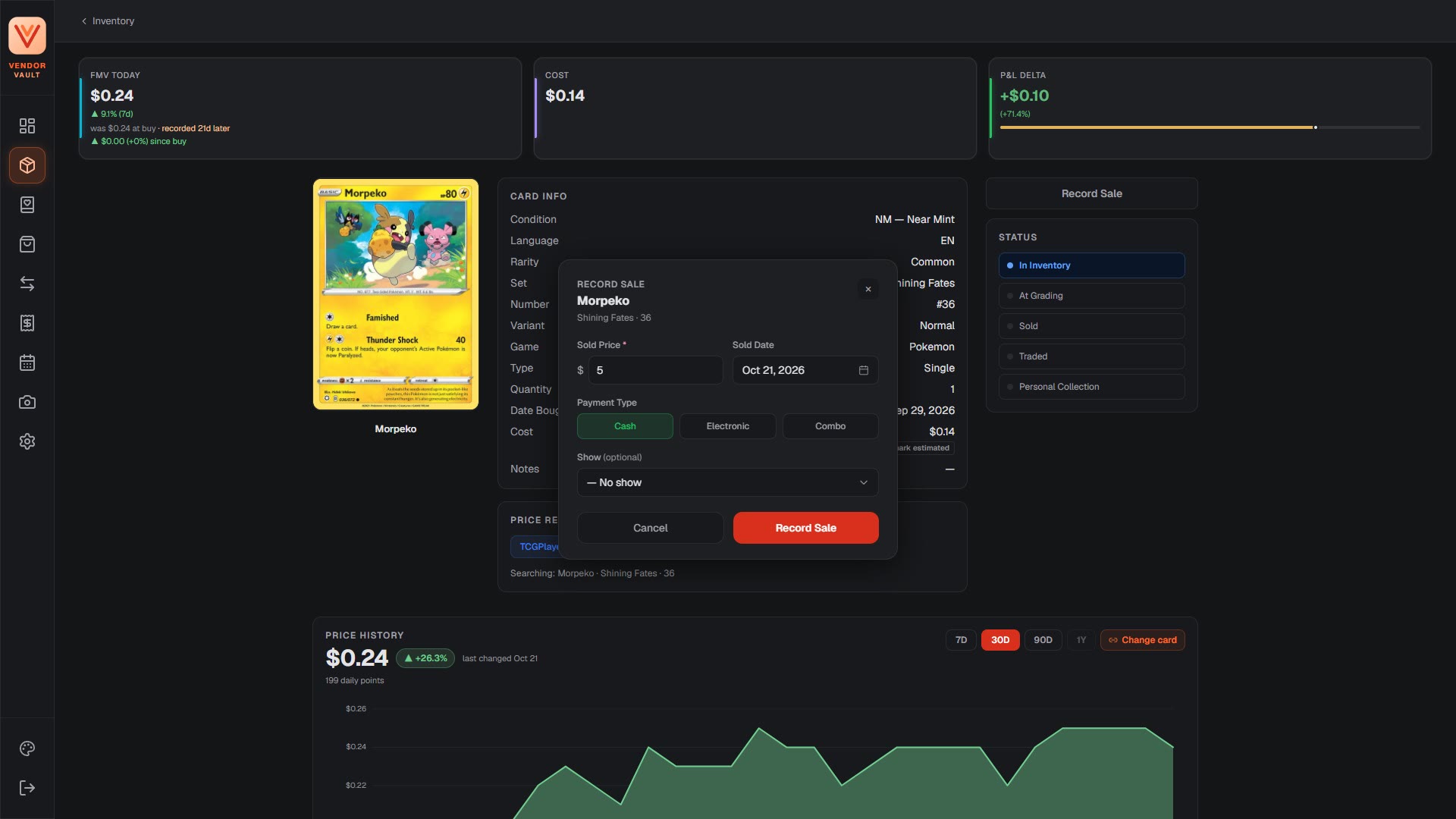 The Record Sale dialog for a Morpeko: sold price, sold date, payment type and an optional show.